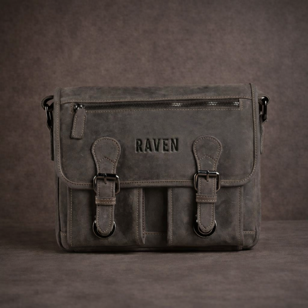 Premium full‑grain leather Maison Raven messenger bag in rugged dark brown finish