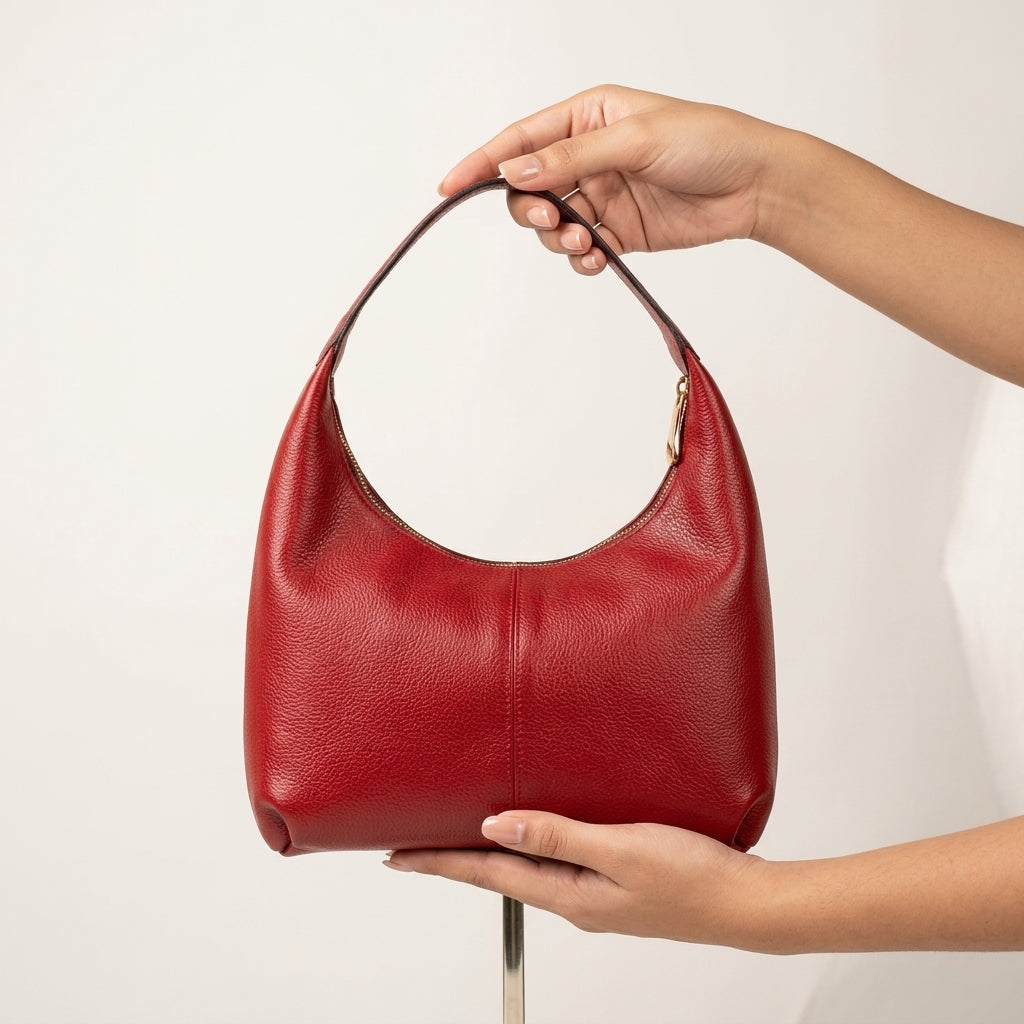 Red handbag held by a person against a white background