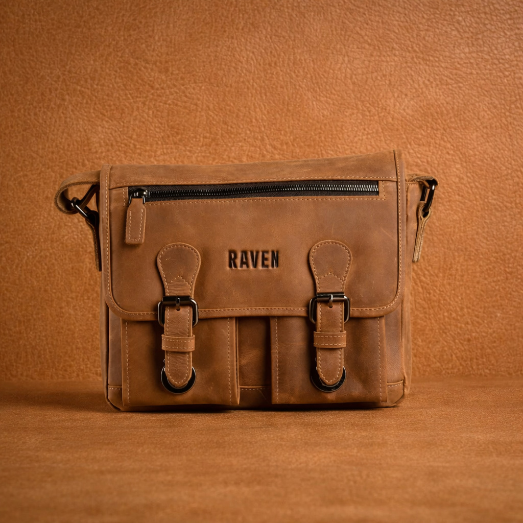 Tan leather men's crossbody bag with adjustable strap and minimalist design, suitable for everyday use and travel.