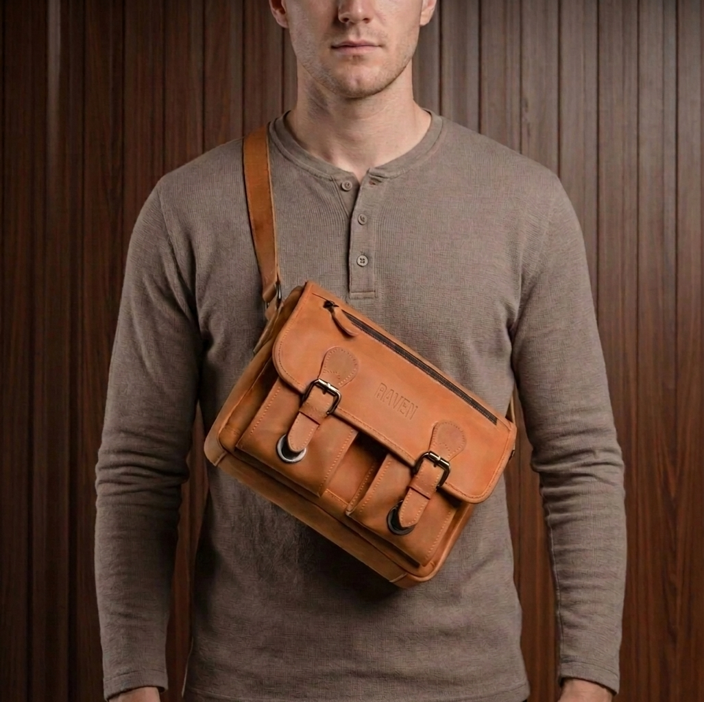 Man wearing a tan leather crossbody messenger bag with buckle straps