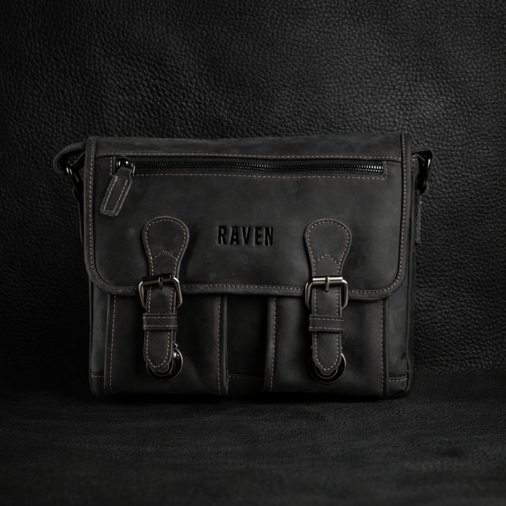 Black leather messenger bag with buckle straps and zipper pocket